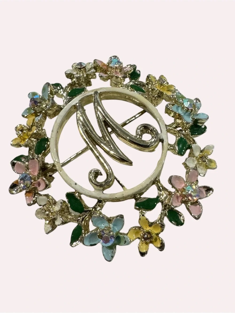 Vintage Floral Monogram “M” Brooch Gold Tone Pastel Rhinestone Wreath Pin
